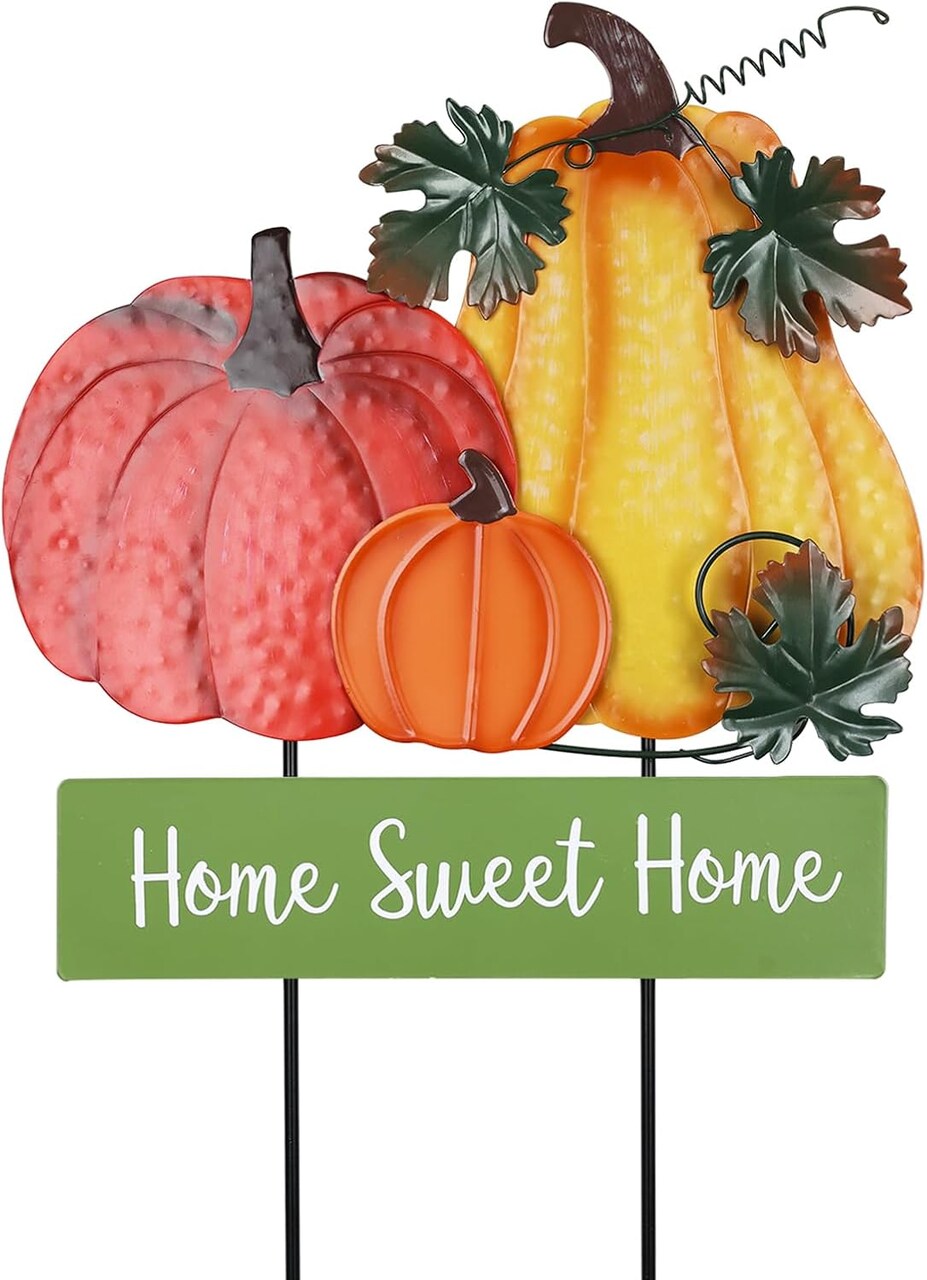 22" Fall Pumpkin Garden Stake – Home Sweet Home Metal Yard Sign for Outdoor Autumn Décor